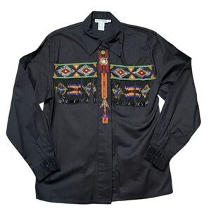 LEW MAGRAM Vintage Western Aztec Beaded Fringe Button Down Shirt Size 8
